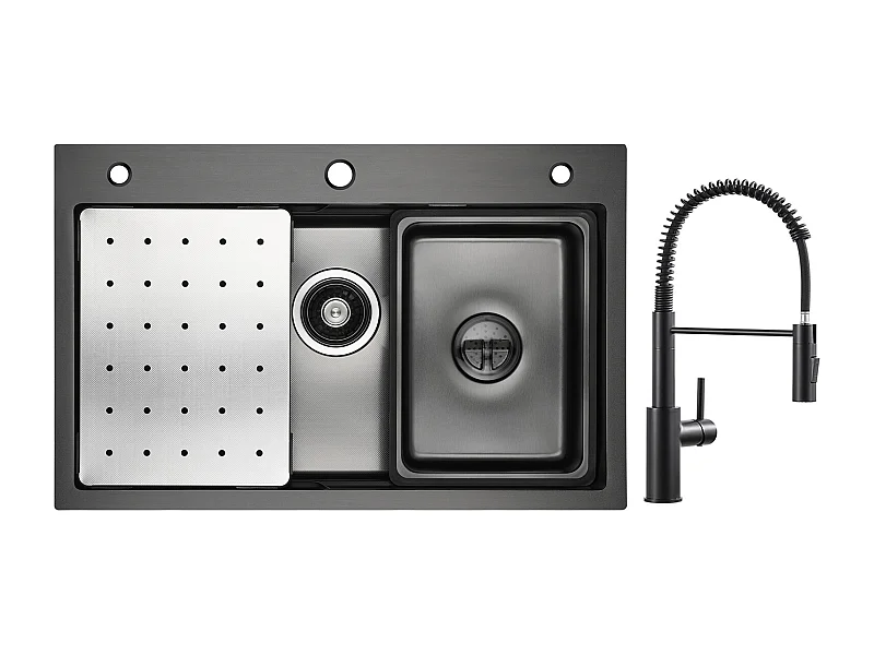 Cecipa max Évier 1 Bac 70×45CM Noir avec Egouttoir, Vasque et Distributeur de Savon + Mitigeur de Cuisine à Ressort Noir avec Douchette Extractible