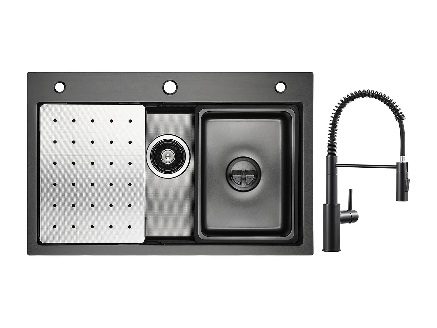 Cecipa max Évier 1 Bac 70×45CM Noir avec Egouttoir, Vasque et Distributeur de Savon + Mitigeur de Cuisine à Ressort Noir avec Douchette Extractible