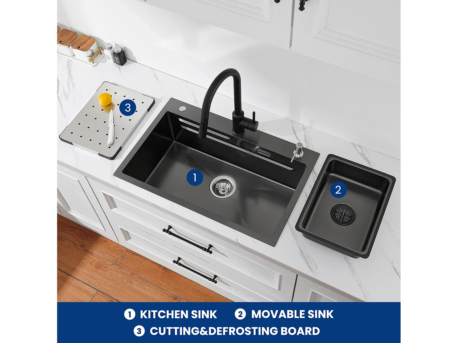 Cecipa max Évier 1 Bac 70×45CM Noir avec Egouttoir, Vasque et Distributeur de Savon + Mitigeur de Cuisine à Ressort Noir avec Douchette Extractible