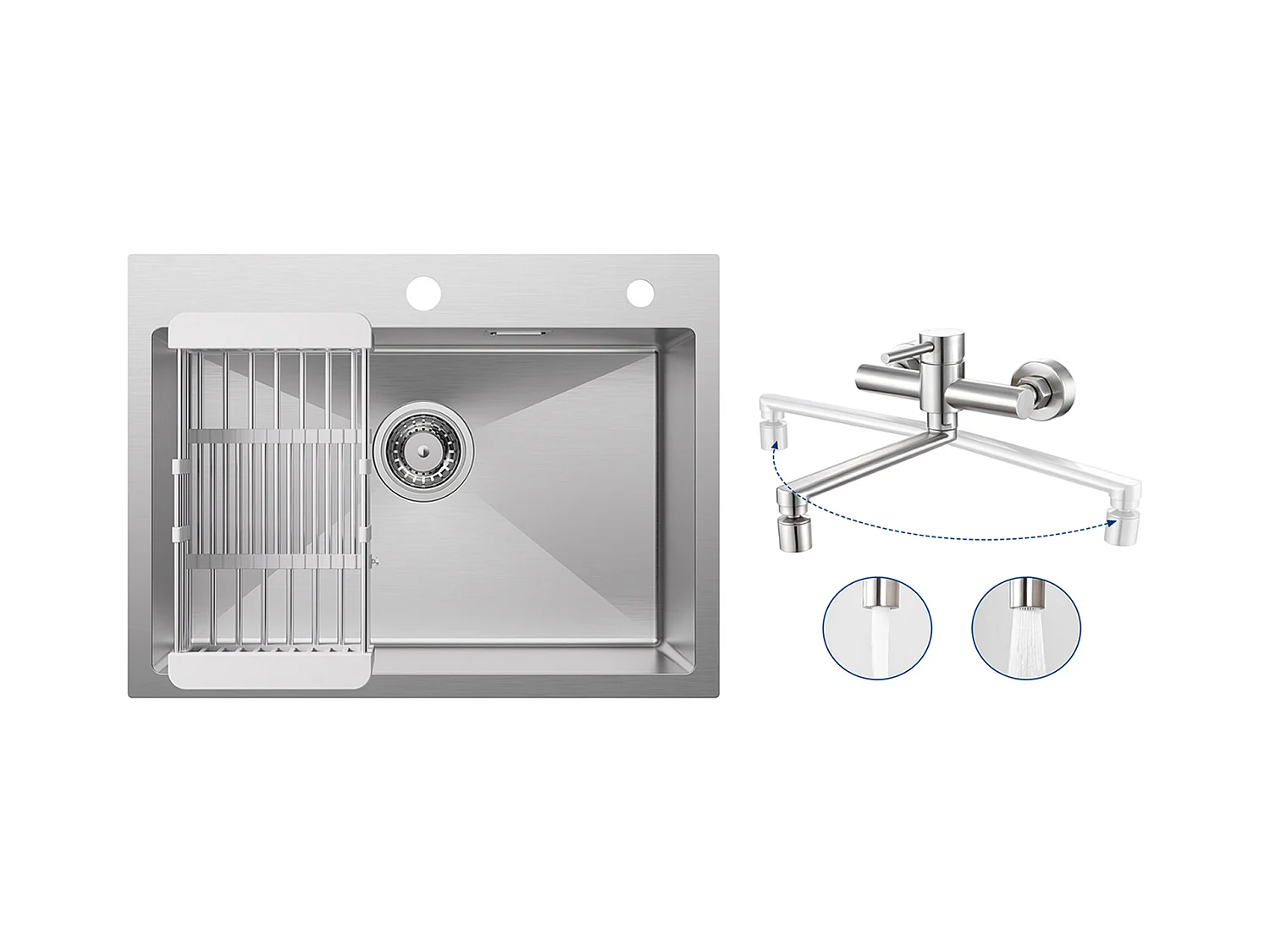 1 Becken Küchenspüle 60×45×18CM Spüle aus gebürstetem Edelstahl mit Abflusskorb + wandmontierte Küchenmischbatterie mit 2 gebürsteten Düsen