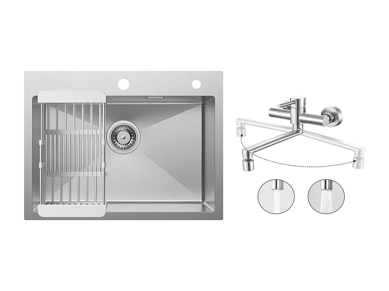 1 Becken Küchenspüle 60×45×18CM Spüle aus gebürstetem Edelstahl mit Abflusskorb + wandmontierte Küchenmischbatterie mit 2 gebürsteten Düsen