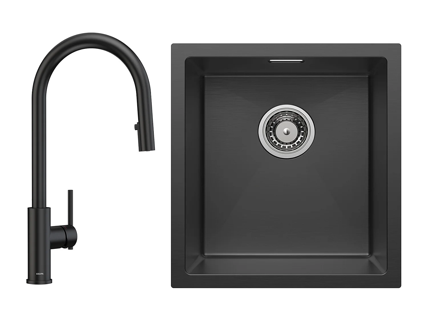 CECIPA MAX Évier 1 Bac 50*44cm Évier de Cuisine en Inox Noir Anthracite + Mitigeur de Cuisine Avec Douchette Extractible, 2 Modes de Sortie D'eau,Noir
