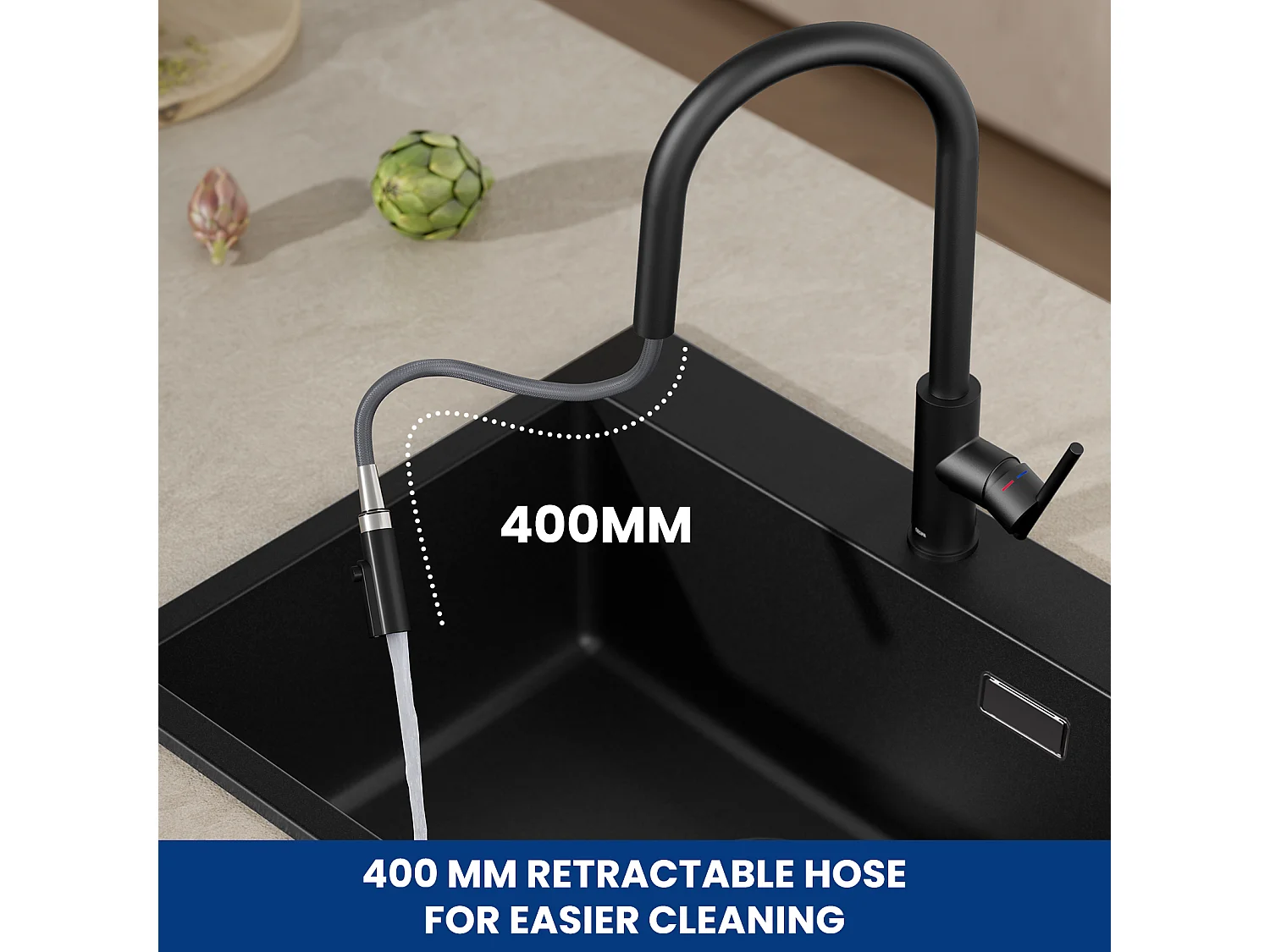 CECIPA MAX Évier 1 Bac 50*44cm Évier de Cuisine en Inox Noir Anthracite + Mitigeur de Cuisine Avec Douchette Extractible, 2 Modes de Sortie D'eau,Noir