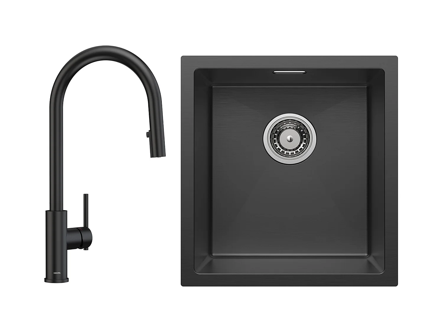 CECIPA MAX Einzelspüle 50 x 44 cm, Anthrazit/Schwarz, Küchenspüle aus Edelstahl + Küchenmischbatterie mit ausziehbarer Brause, 2 Wasserauslassmodi, Schwarz
