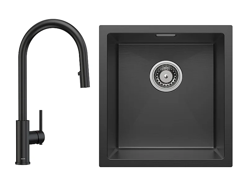 CECIPA MAX Évier 1 Bac 50*44cm Évier de Cuisine en Inox Noir Anthracite + Mitigeur de Cuisine Avec Douchette Extractible, 2 Modes de Sortie D'eau,Noir