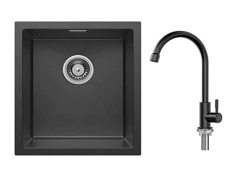 CECIPA MAX Évier Inox 40*44*19 cm Évier 1 Bac Évier de Cuisine Noir + Robinet de Cuisine à eau Froide,Noir