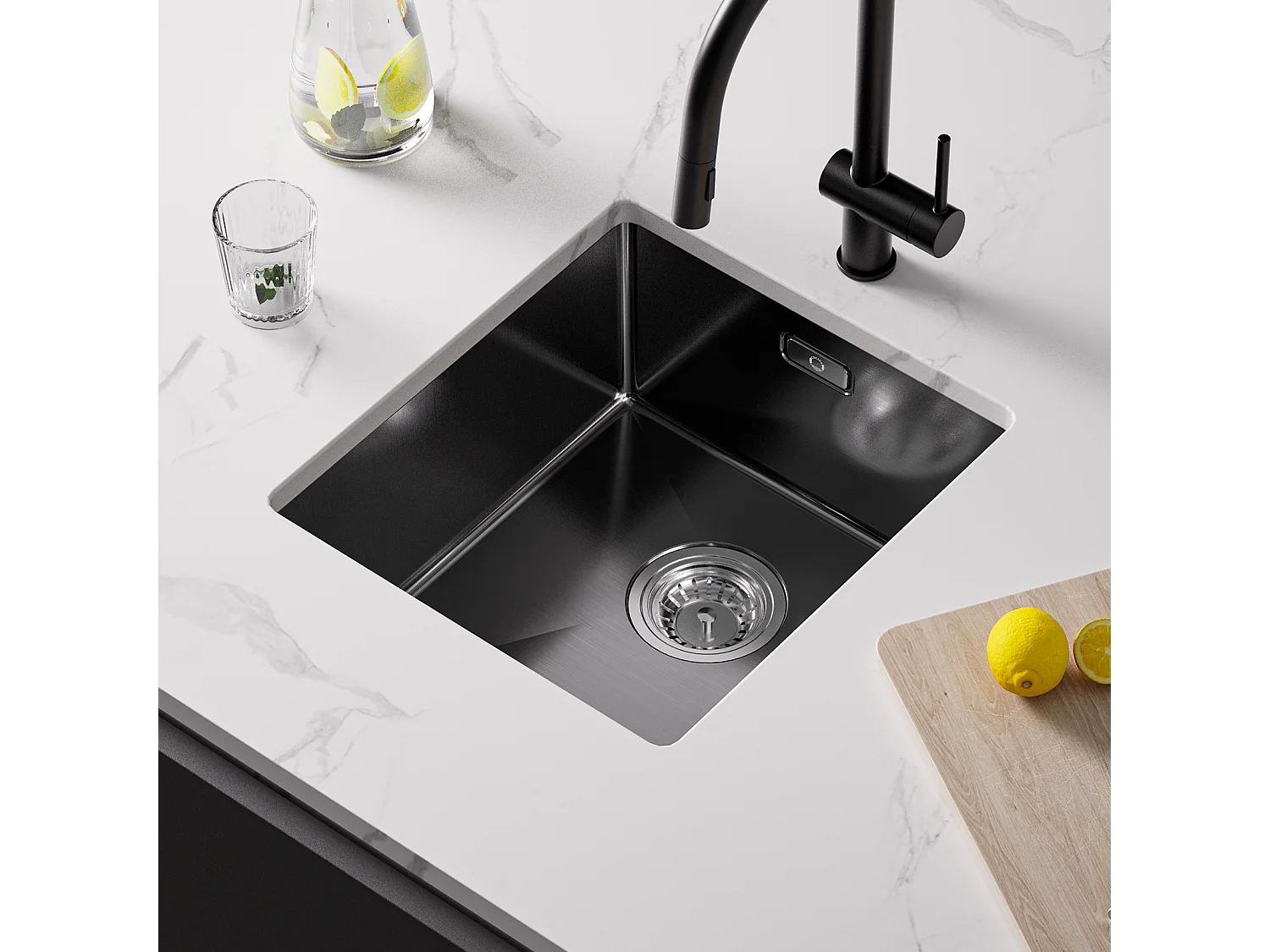 CECIPA MAX Évier Inox 40*44*19 cm Évier 1 Bac Évier de Cuisine Noir + Robinet de Cuisine à eau Froide,Noir