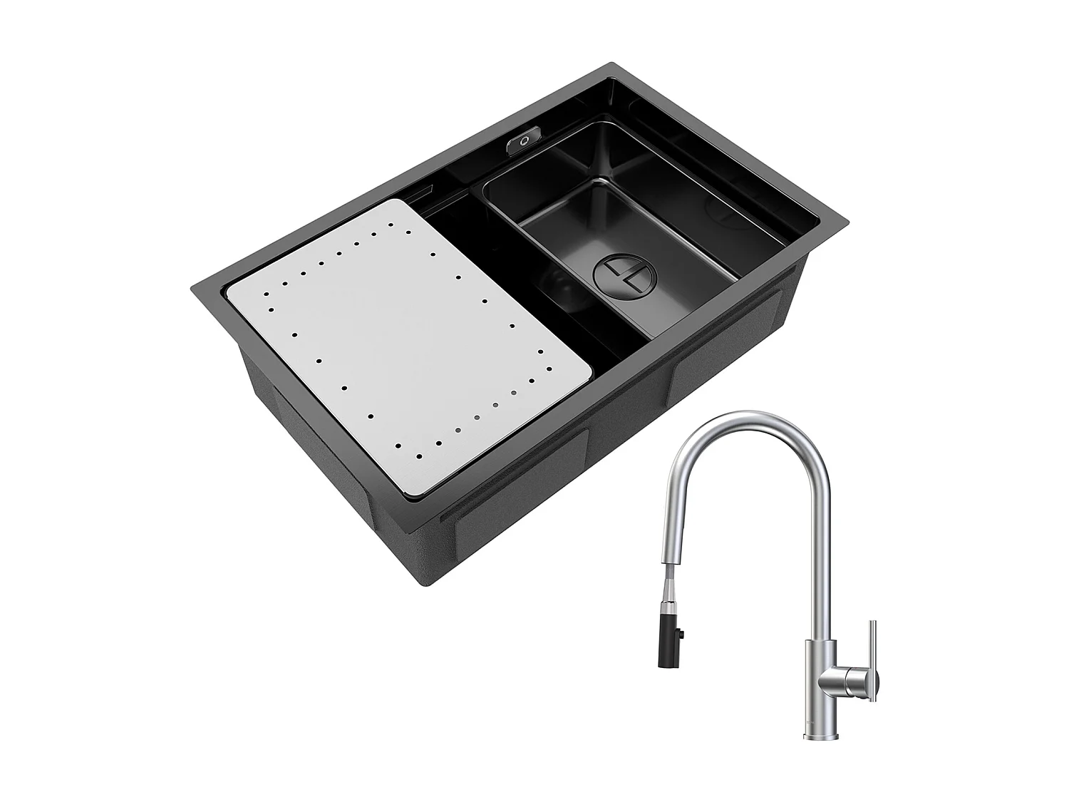 CECIPA MAX 1 spoelbak 70×44CM zwarte spoelbak met afdruiprek en wastafel + keukenmengkraan met uittrekbare spray, 2 waterafvoermodi, geborsteld