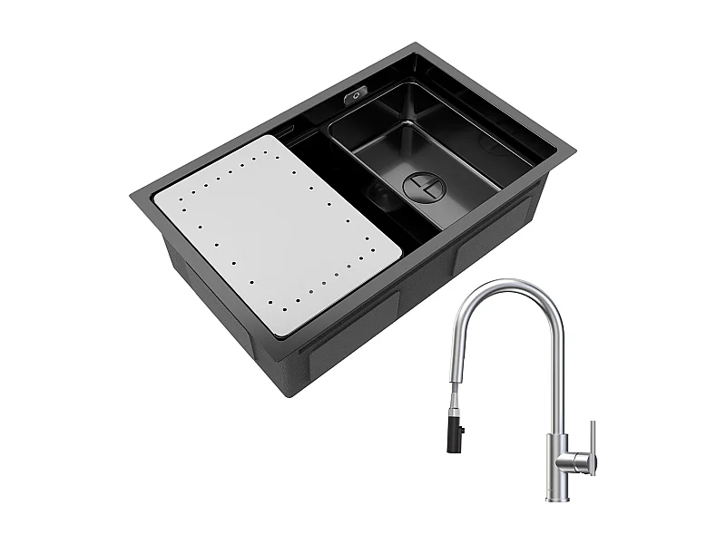 CECIPA MAX Évier 1 Bac 70×44CM Évier Noir avec Egouttoir et Vasque + Mitigeur de Cuisine Avec Douchette Extractible, 2 Modes de Sortie D'eau, Brossé