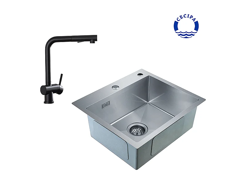 Cecipa max 2-in-1-Küchenspüle, 1 Becken, quadratische Küchenspüle aus gebürstetem Edelstahl, 50 x 45 x 18,5 cm + schwarzer Küchenhahn mit ausziehbarer Brause