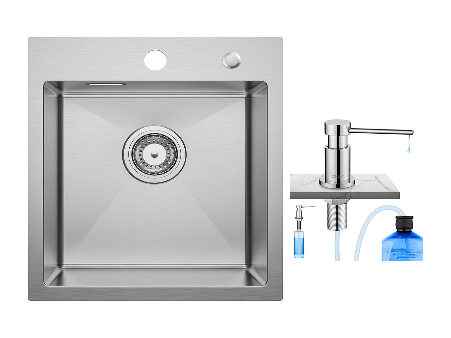 Cecipa MAX keukenspoelbak 1 kom 40 x 45 cm roestvrijstalen spoelbak + 300ML chroom keukenzeepdispenser