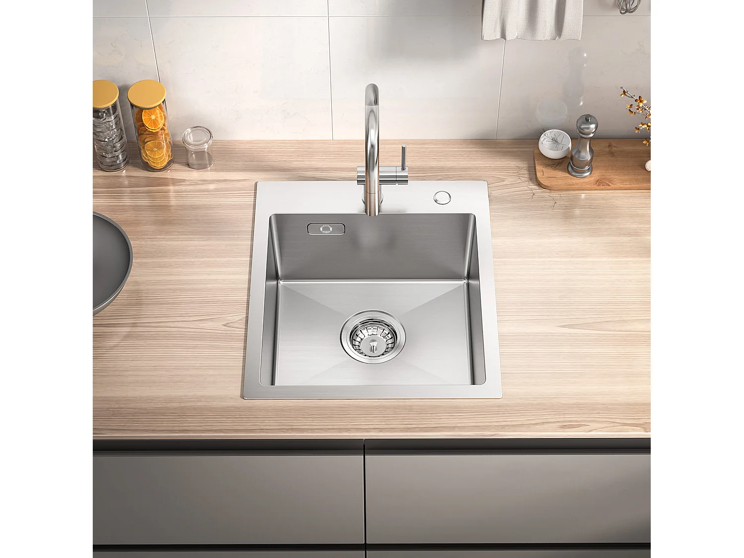 Cecipa MAX Évier Cuisine 1 Bac 40 × 45 cm Évier Inox + 300ML Distributeur de Savon de Cuisine Chromé