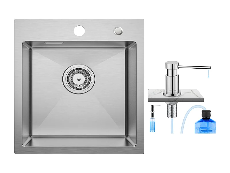 Cecipa MAX keukenspoelbak 1 kom 40 x 45 cm roestvrijstalen spoelbak + 300ML chroom keukenzeepdispenser