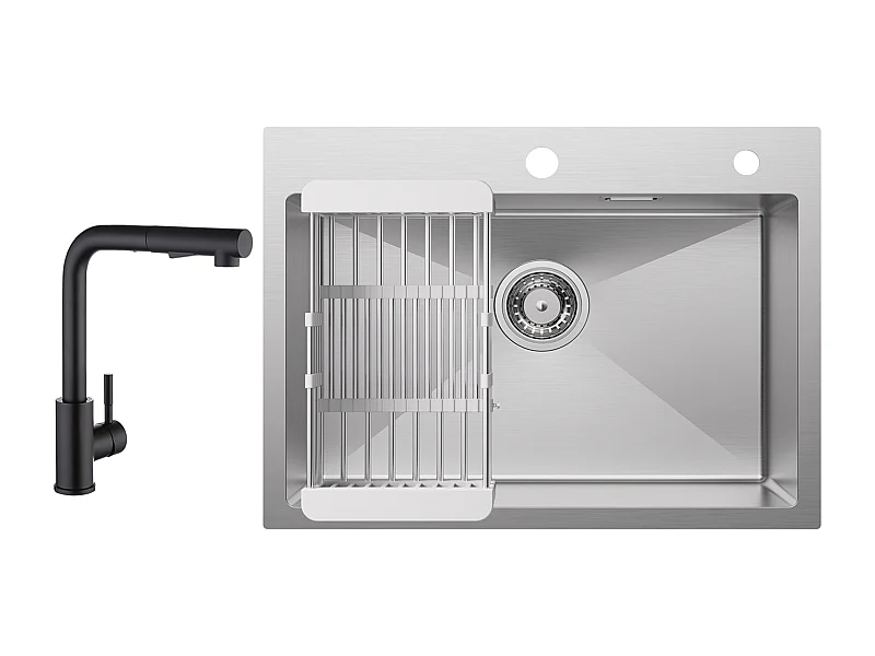 Cecipa max Évier 1 Bac 60×45CM Évier Inox Brossé avec Panier de Drainage + Noir Mitigeur de Cuisine avec Douchette Extractible 2 Modes de pulvérisat