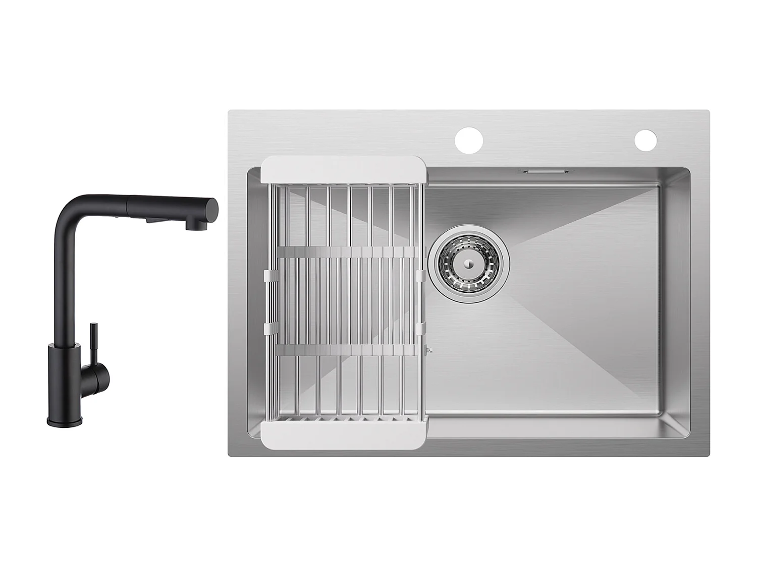Cecipa max Einzelspüle, 60 x 45 cm, Spüle aus gebürstetem Edelstahl mit Ablaufkorb + schwarzer Küchenmischhahn mit ausziehbarer Brause, 2 Sprühmodi