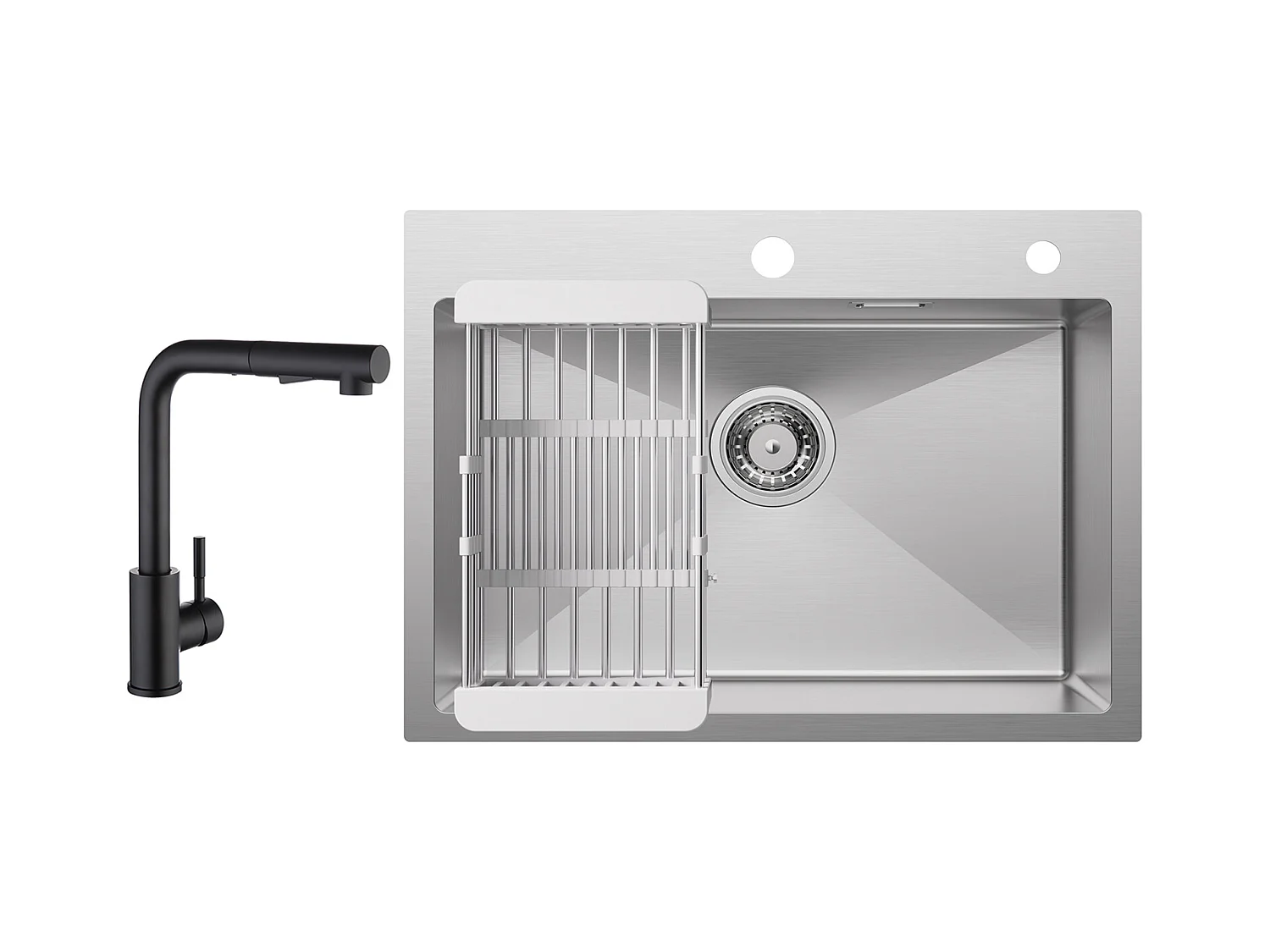 Cecipa max Évier 1 Bac 60×45CM Évier Inox Brossé avec Panier de Drainage + Noir Mitigeur de Cuisine avec Douchette Extractible 2 Modes de pulvérisat
