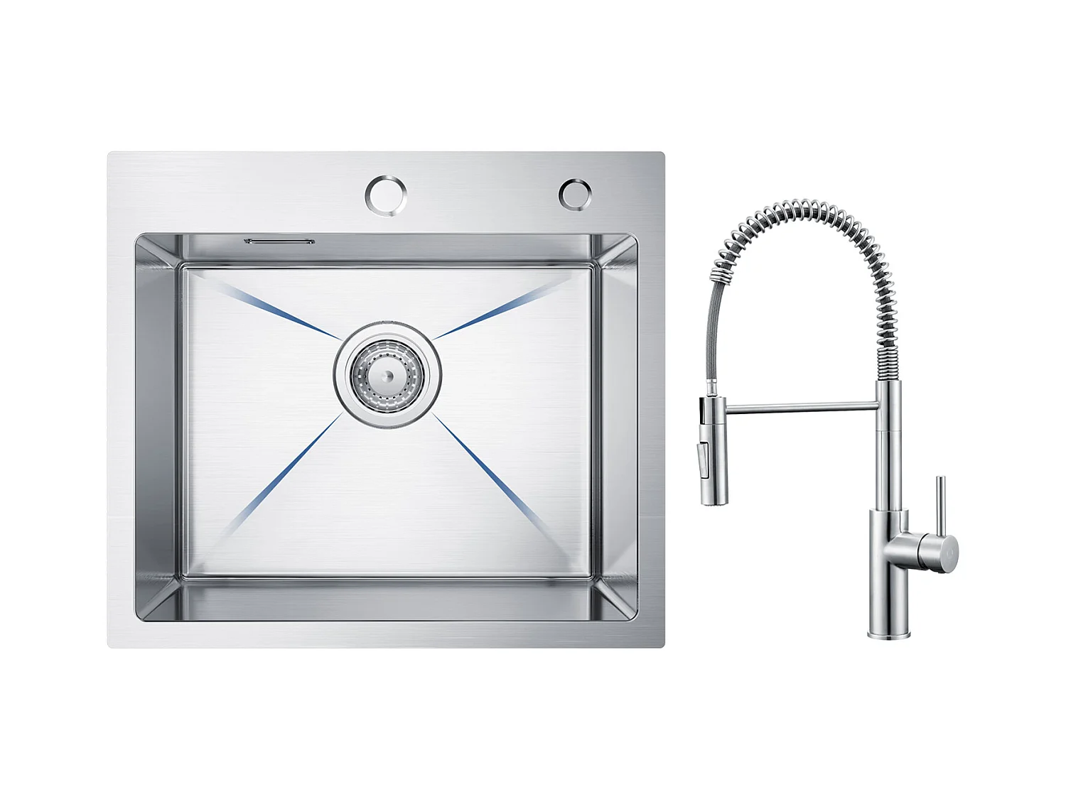 Cecipa max Évier Inox Évier Cuisine 1 Bac 50 × 45 cm Évier de Cuisine Brossé + Mitigeur de Cuisine à Ressort Brossé avec Douchette Extractible