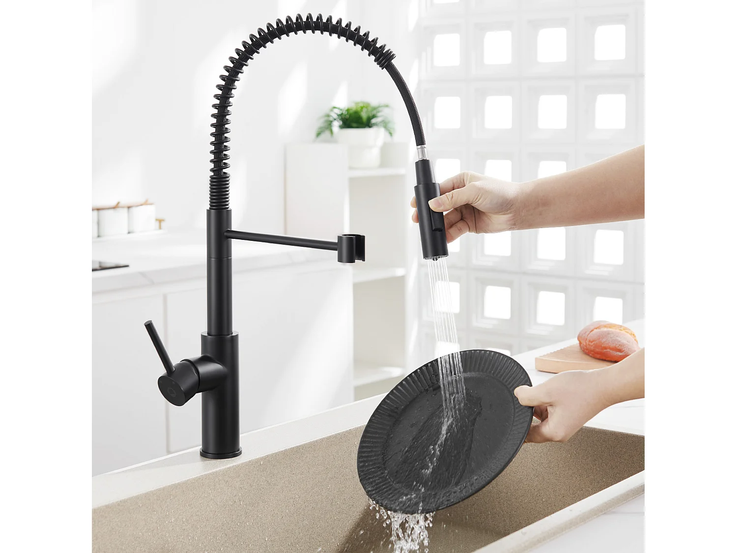 Cecipa max Noir Mitigeur de Cuisine à Ressort avec Douchette Extensible, Robinet de Evier Rotatif à 360°, Mitigeur Ressort avec 2 Fonctions,EU Modèle