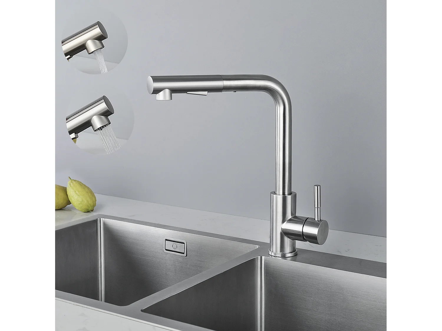 Cecipa max Mitigeur de Cuisine Robinet Cuisine avec Douchette Robinet d'évier Extractible à 2 Jets Mitigeur Barboteur Démotable (Brossé),EU Modèle