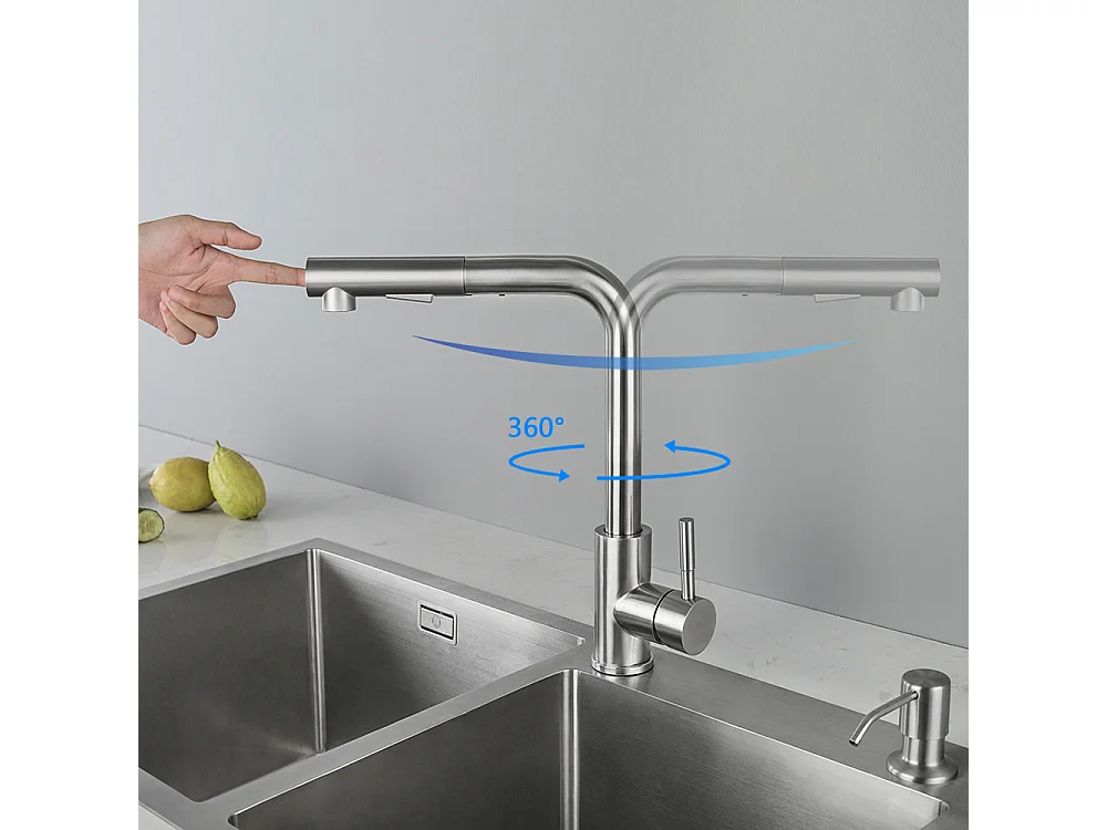 Cecipa max Mitigeur de Cuisine Robinet Cuisine avec Douchette Robinet d'évier Extractible à 2 Jets Mitigeur Barboteur Démotable (Brossé),EU Modèle