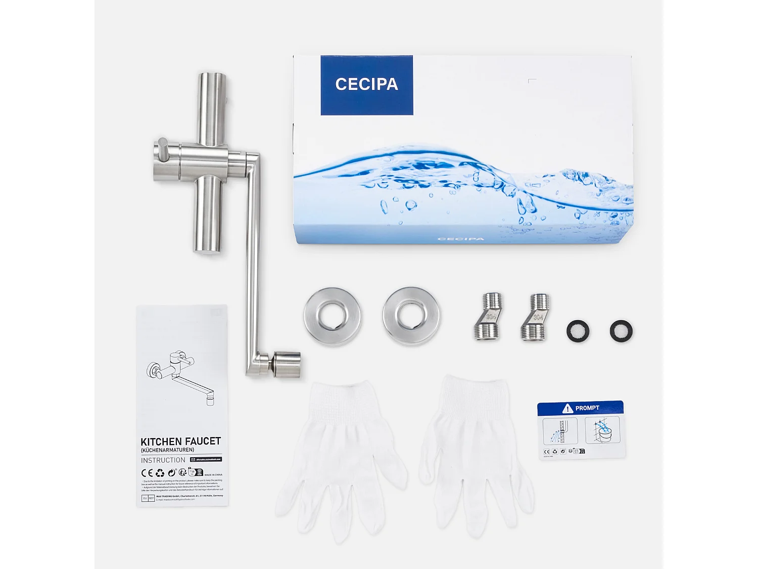 Cecipa max Grifo de cocina de pared con caño giratorio - Mezclador de fregadero de 2 chorros a elegir - Grifo de pared giratorio 360° cepillado, modelo UE