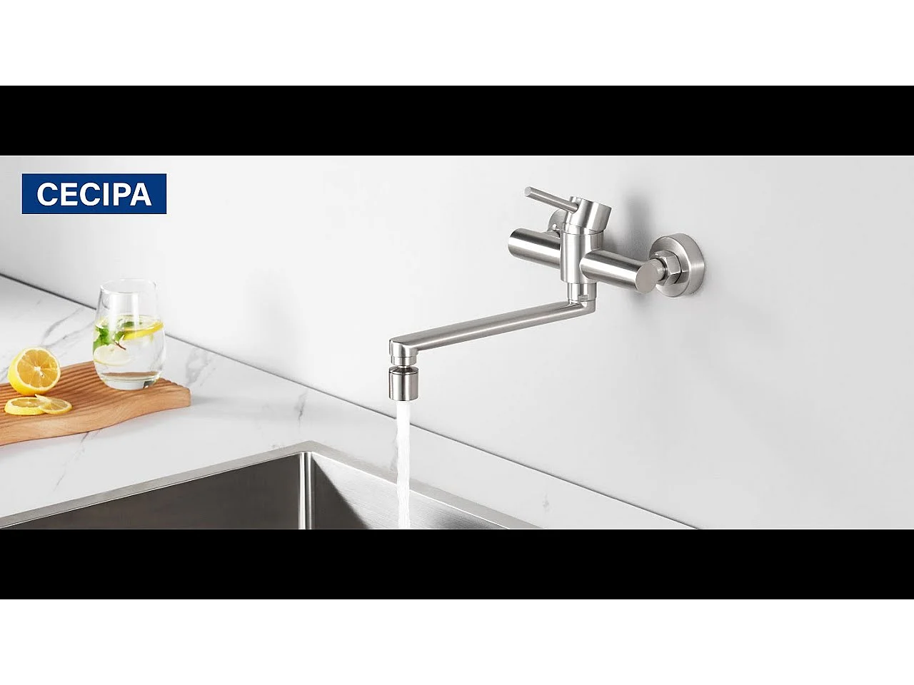 Cecipa max Robinet de Cuisine Mural avec Bec Orientable - Mitigeur d'évier 2 Jets au Choix - Brossé Robinetterie Mural Pivotant à 360°,EU Modèle