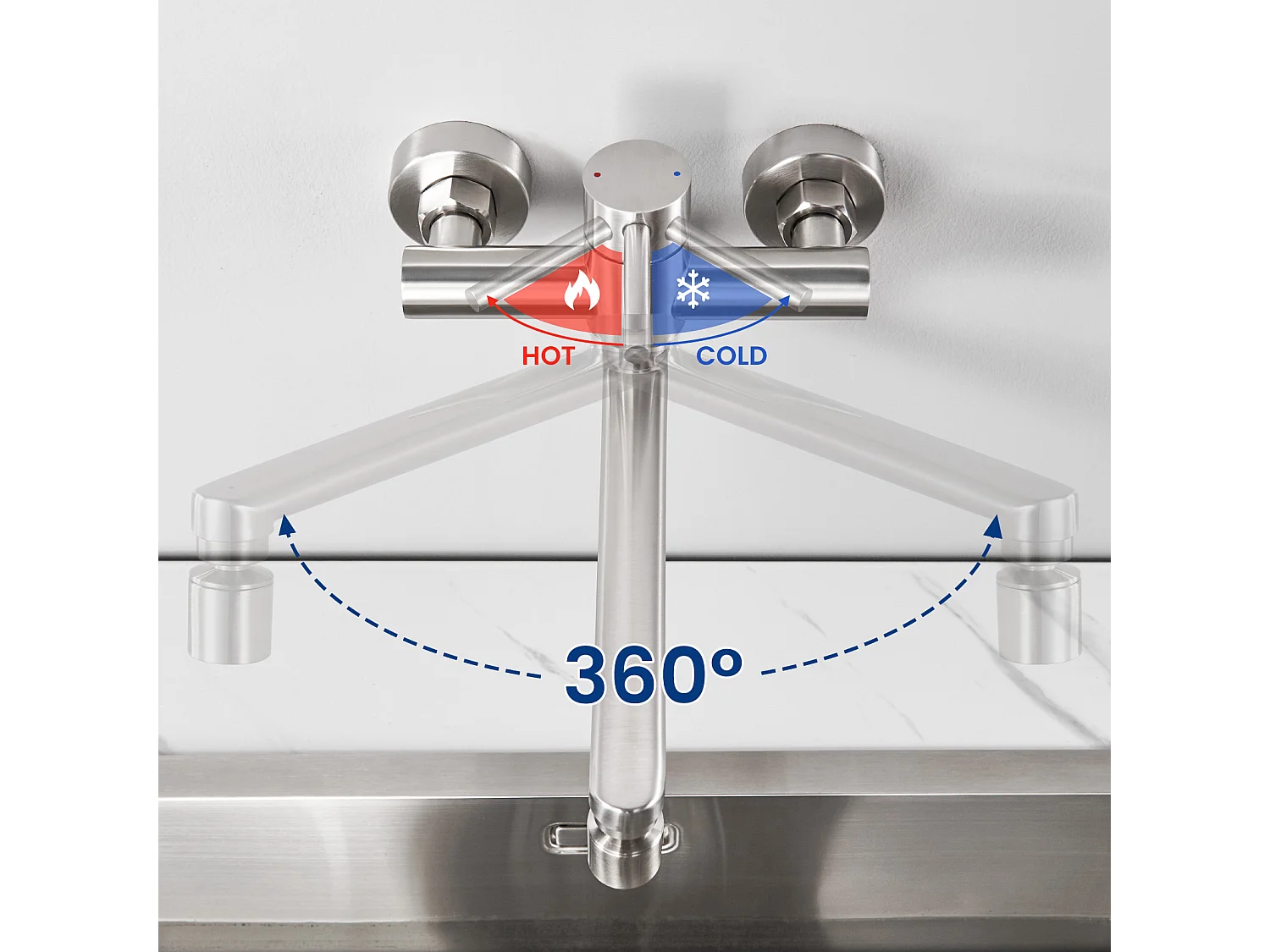 Cecipa max Wandkeukenkraan met draaibare uitloop - 2-straals spoelbakmengkraan naar keuze - geborsteld 360° draaibare wandkraan, EU-model