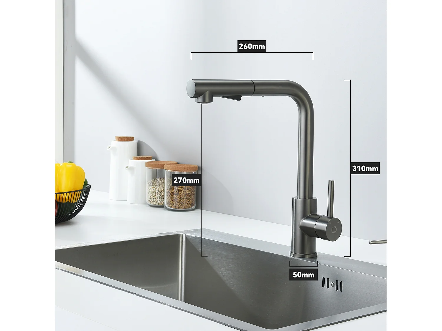 Cecipa max Miscelatore Cucina con Doccetta Estraibile Rubinetto Cucina con 2 Tipi di Getti Miscelatore Lavello in Acciaio Inox, Grigio Nero, Modello EU