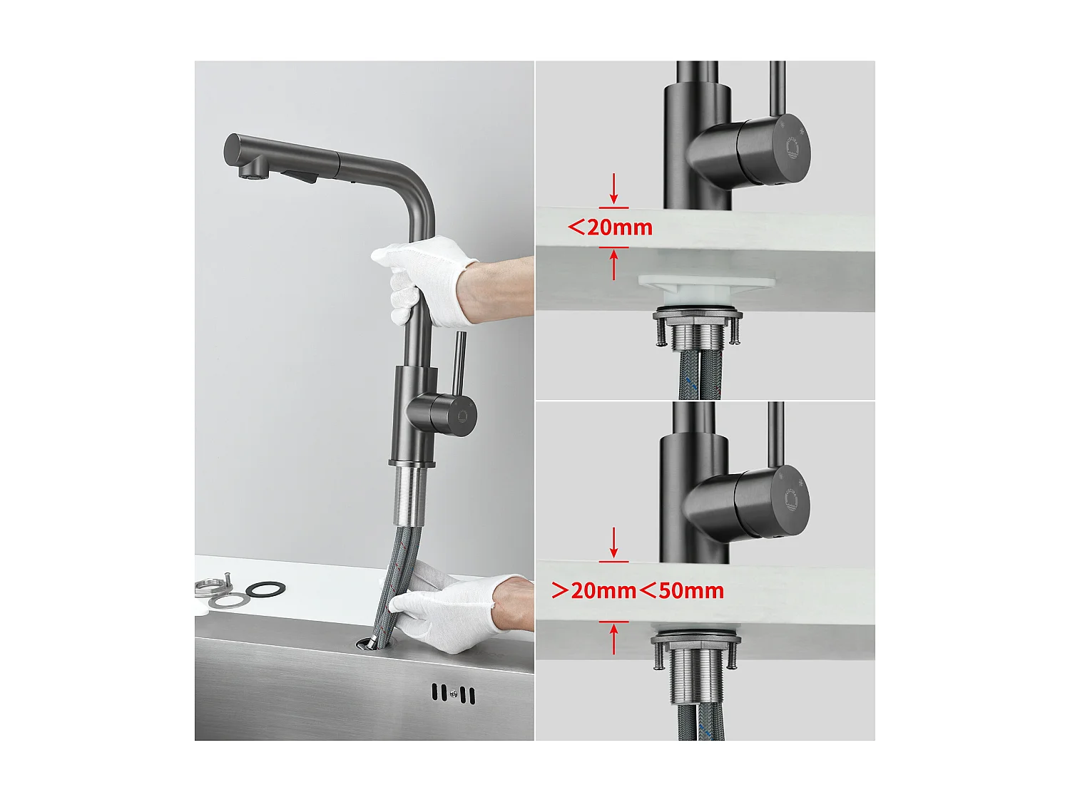 Cecipa max Miscelatore Cucina con Doccetta Estraibile Rubinetto Cucina con 2 Tipi di Getti Miscelatore Lavello in Acciaio Inox, Grigio Nero, Modello EU