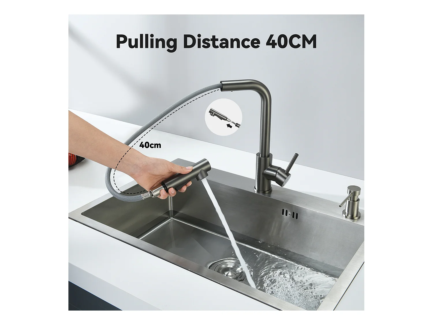 Cecipa max Miscelatore Cucina con Doccetta Estraibile Rubinetto Cucina con 2 Tipi di Getti Miscelatore Lavello in Acciaio Inox, Grigio Nero, Modello EU