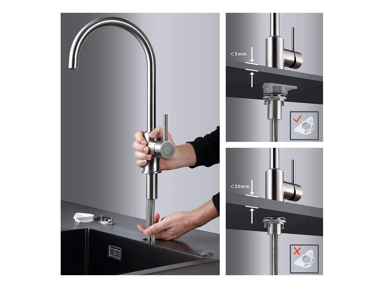 Cecipa max 2PCS Küchenarmatur 360° Drehbar Küchenarmatur Kalt- und Warmwasser Spültischarmatur mit Abnehmbarem Sprudelwasserhahn, Gebürstet, EU-Modell