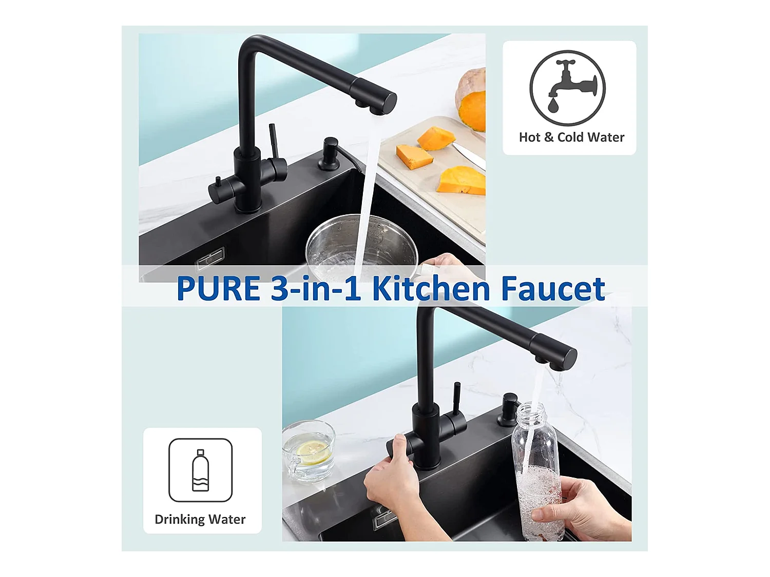 2 STK 3-Wege-Küchenarmatur, 3-in-1-Küchenmischbatterie für Umkehrosmosesystem, sauberer Wasserhahn mit 2 separaten Bedienhebeln, Schwarz