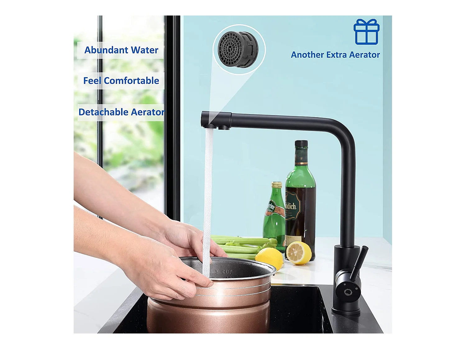 2 STK 3-Wege-Küchenarmatur, 3-in-1-Küchenmischbatterie für Umkehrosmosesystem, sauberer Wasserhahn mit 2 separaten Bedienhebeln, Schwarz