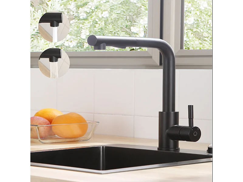 Cecipa max keukenmengkraan keukenkraan met spray uittrekbare wastafelkraan met 2 sprays roestvrijstalen spoelbakmengkraan (zwart), EU-model