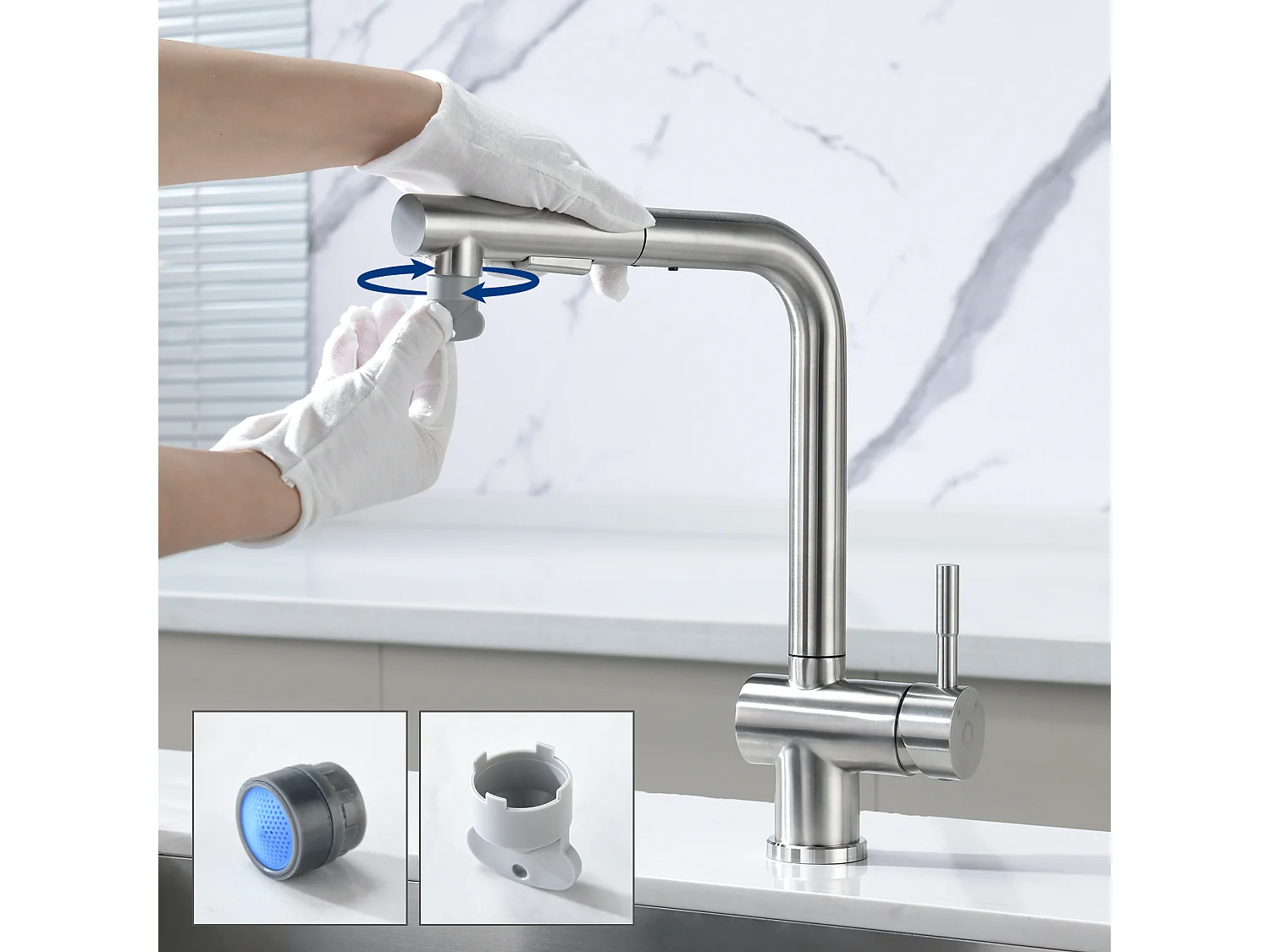 Rubinetto da cucina estraibile Cecipa max 2 pezzi - Miscelatore per lavello 2 modalità di spruzzo - Girevole a 360° - Spazzolato, Modello UE