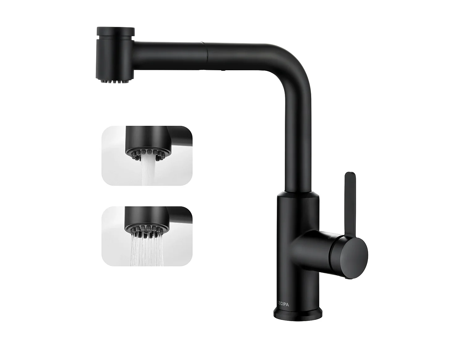 Cecipa max Miscelatore Cucina Estraibile con Doccetta Estraibile da 40 cm Miscelatore Cucina con 2 Getti Acqua Calda e Fredda Nero, Modello EU