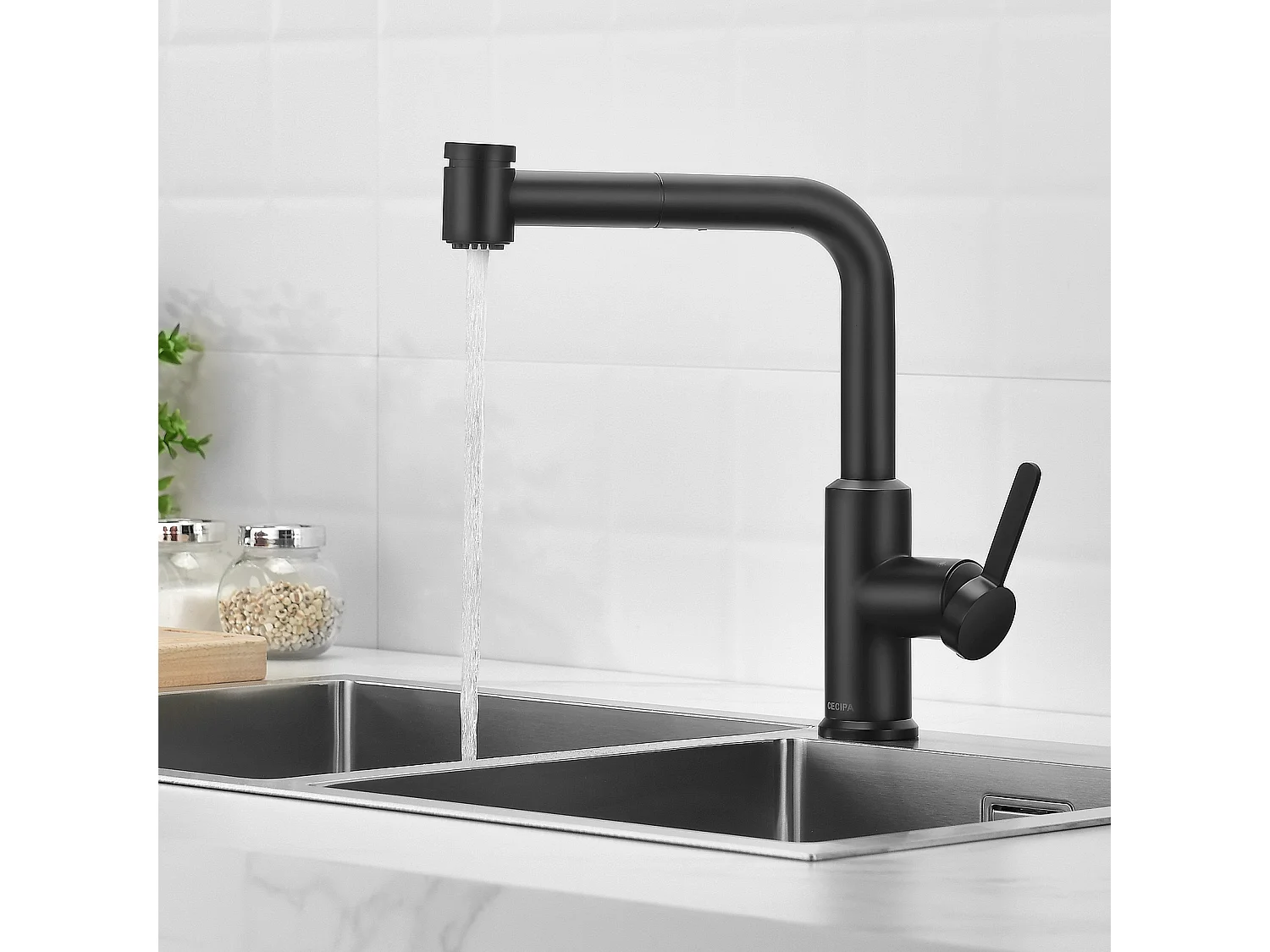 Cecipa max Miscelatore Cucina Estraibile con Doccetta Estraibile da 40 cm Miscelatore Cucina con 2 Getti Acqua Calda e Fredda Nero, Modello EU