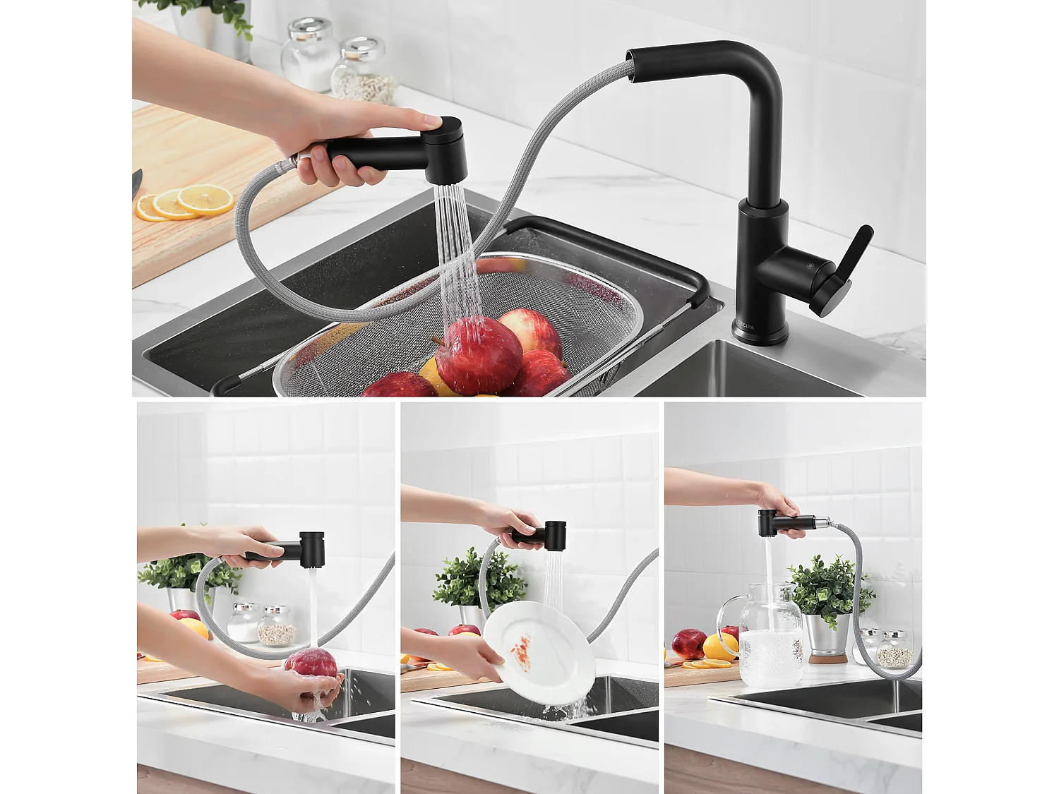 Cecipa max Miscelatore Cucina Estraibile con Doccetta Estraibile da 40 cm Miscelatore Cucina con 2 Getti Acqua Calda e Fredda Nero, Modello EU