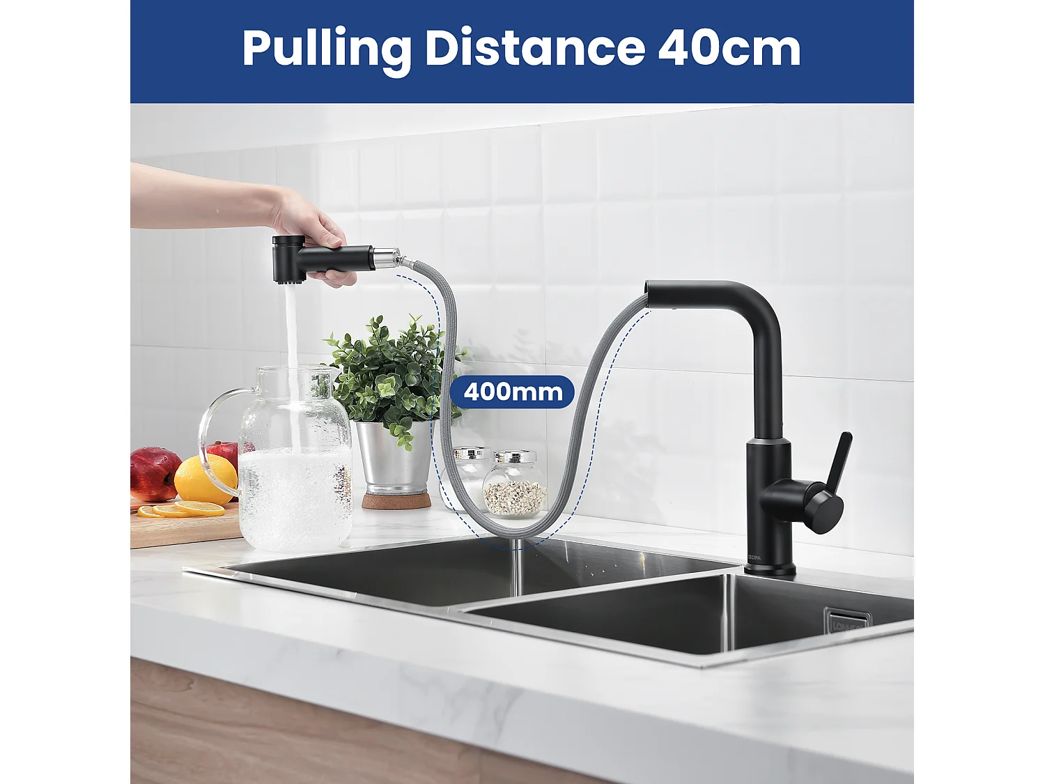 Cecipa max Miscelatore Cucina Estraibile con Doccetta Estraibile da 40 cm Miscelatore Cucina con 2 Getti Acqua Calda e Fredda Nero, Modello EU