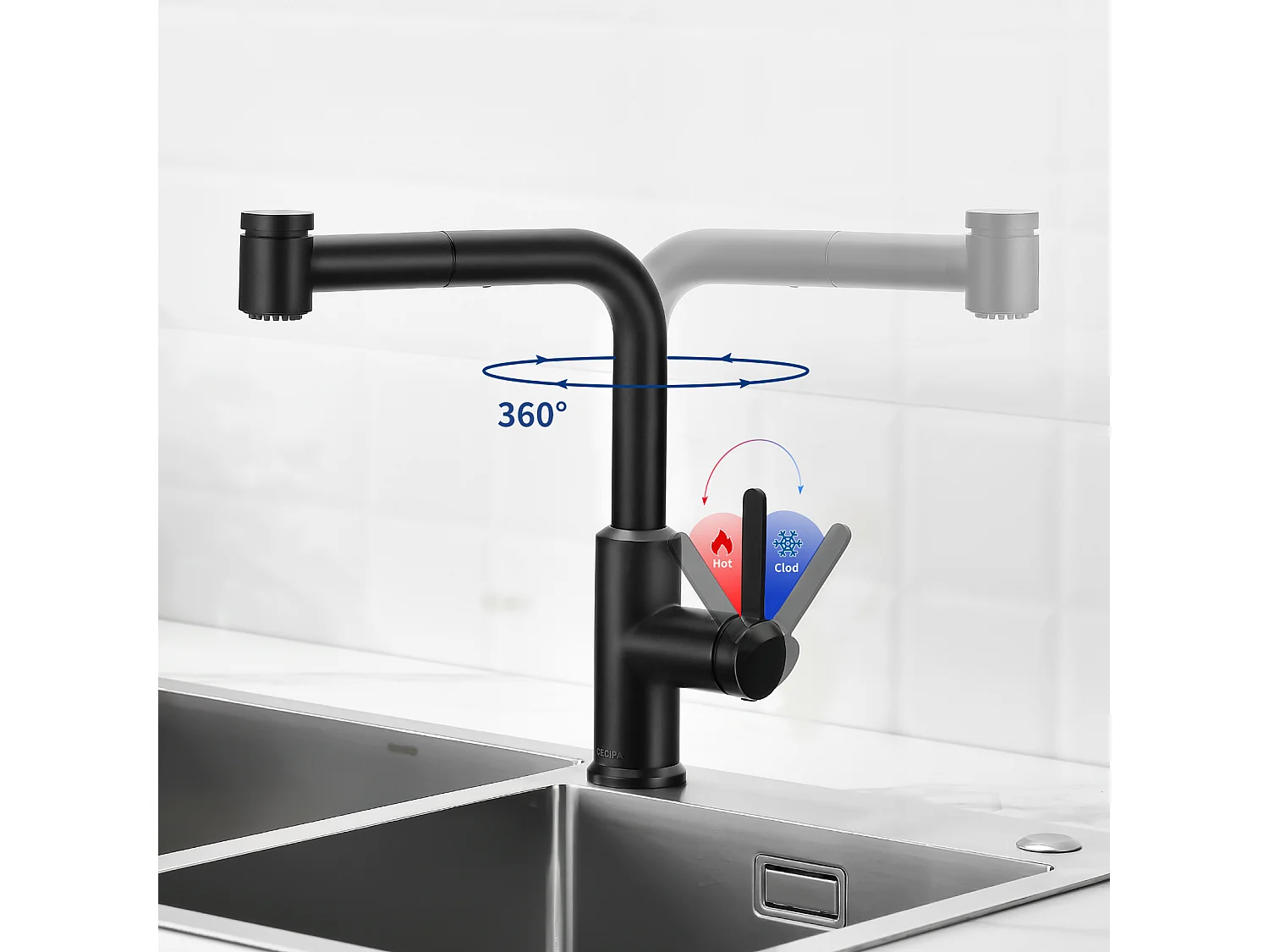 Cecipa max Miscelatore Cucina Estraibile con Doccetta Estraibile da 40 cm Miscelatore Cucina con 2 Getti Acqua Calda e Fredda Nero, Modello EU