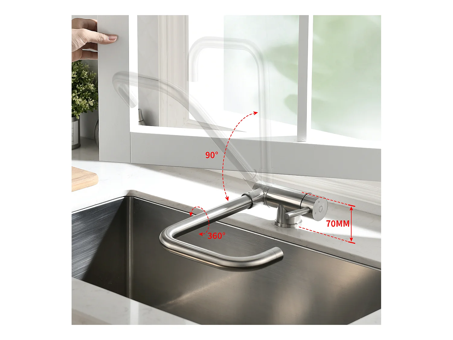 Cecipa max Mitigeur de Evier Rabattable - Robinet de Cuisine en Acier Inoxydable devant Fenêtre - 2 Modes de pulvérisat - Brossée,EU Modèle