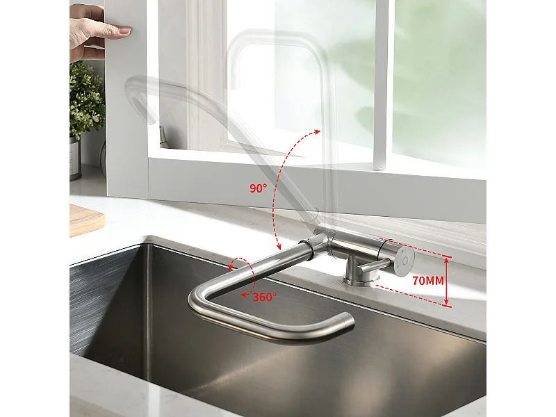 Cecipa max Mitigeur de Evier Rabattable - Robinet de Cuisine en Acier Inoxydable devant Fenêtre - 2 Modes de pulvérisat - Brossée,EU Modèle