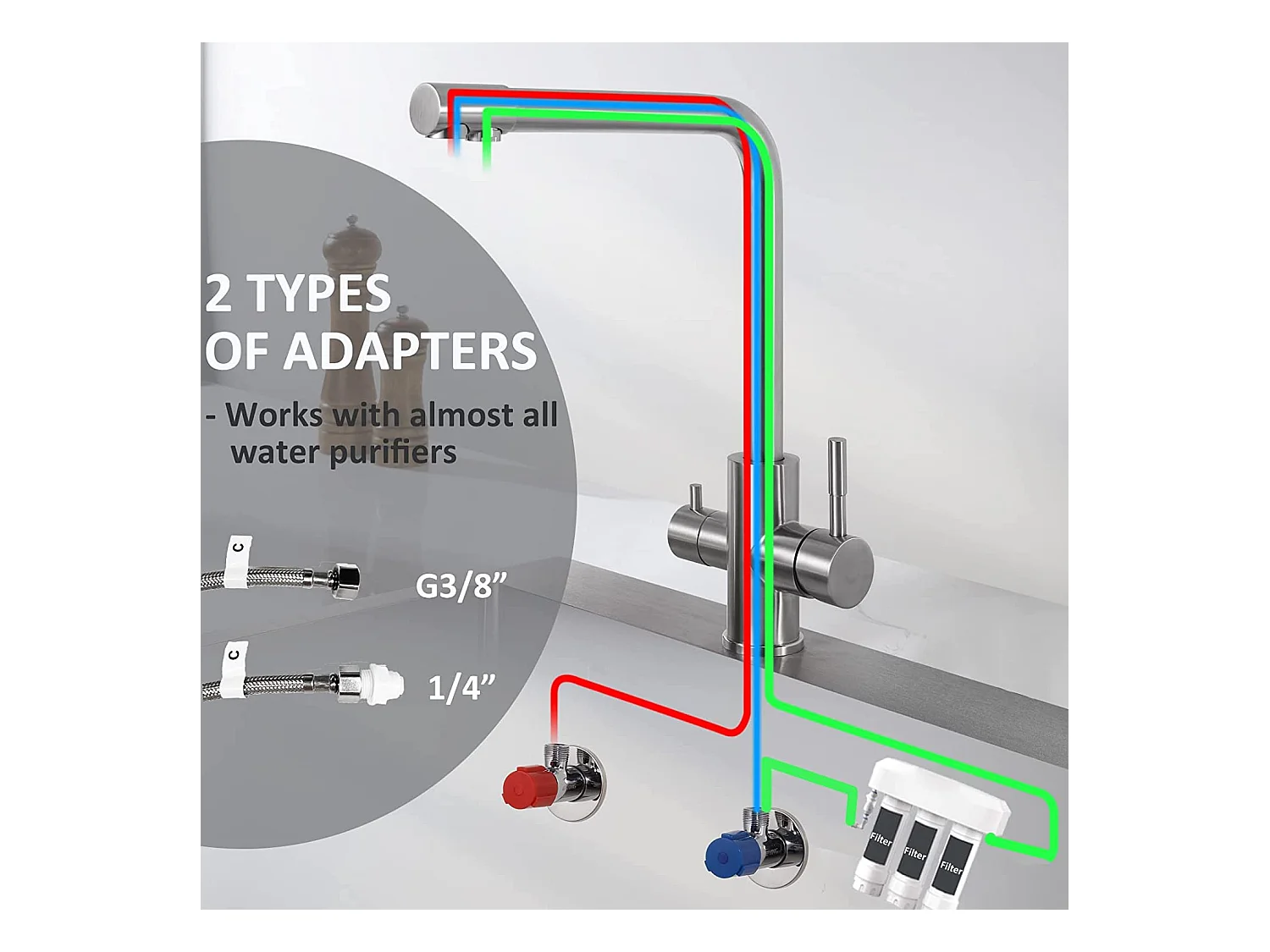 2PCS keukenkraan waterzuiveraar voor warm/koud water en gefilterd water - 3 in 1 wastafelmengkraan voor osmosesysteem - met 2 hendels