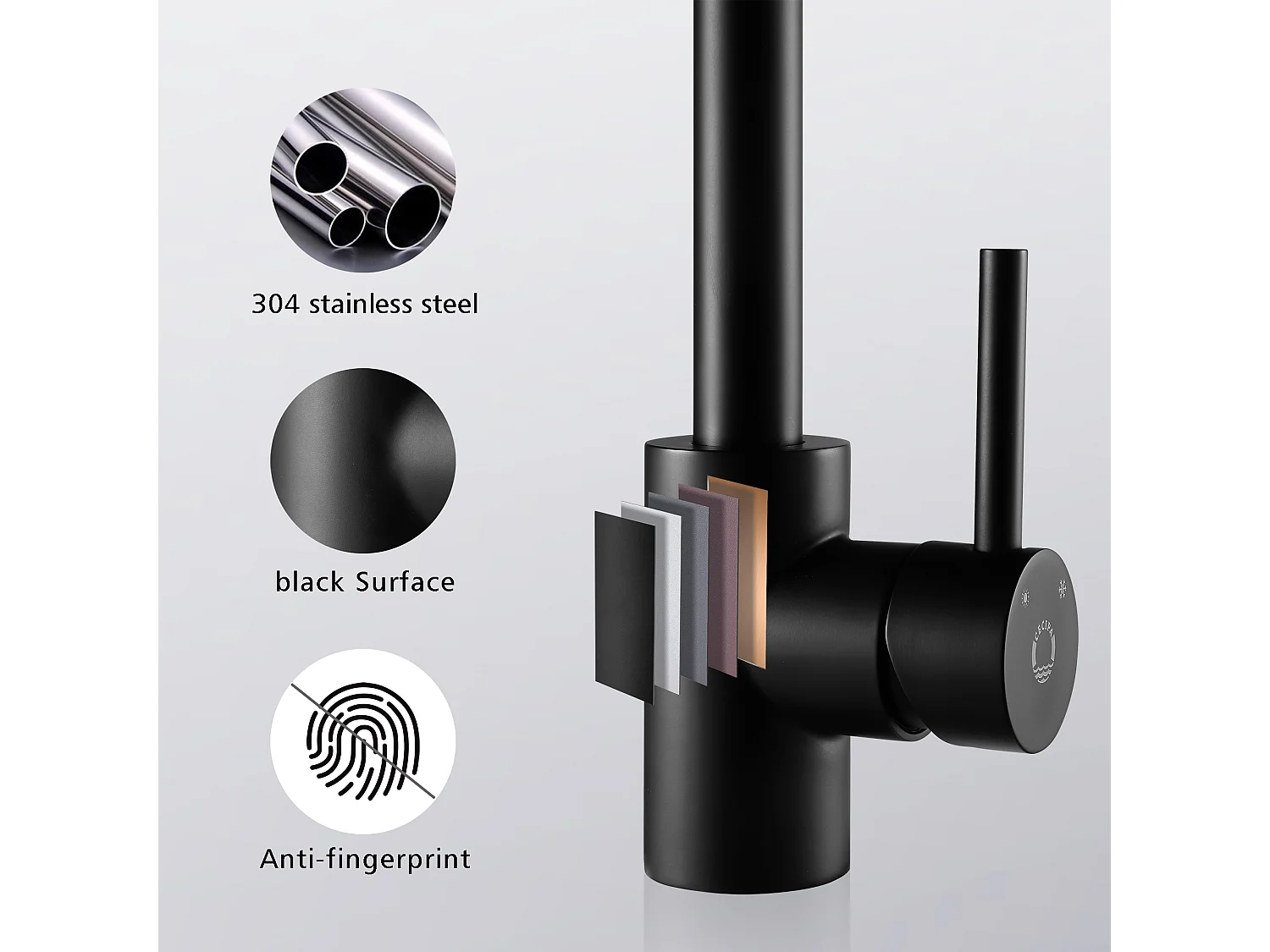 Cecipa max Mitigeur de cuisine, Robinetterie Noir en Acier Inox, Robinet de cuisine monocommande, rotatif à 360 °,EU Modèle