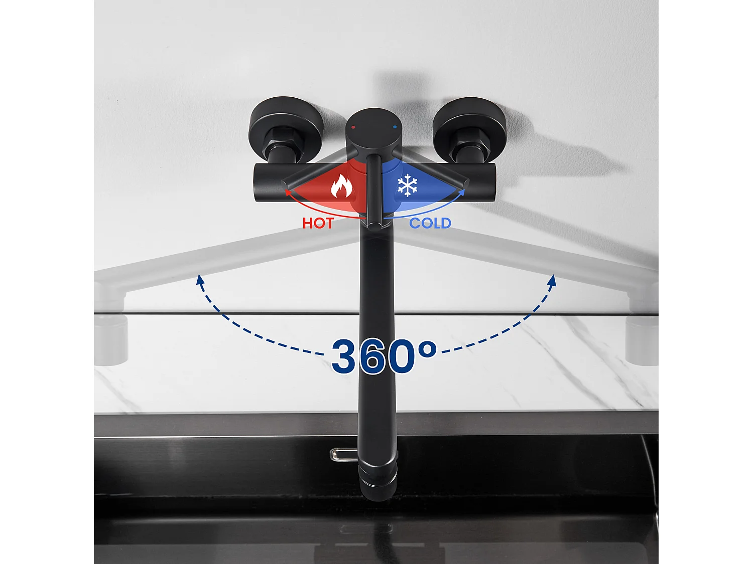 Cecipa max Miscelatore cucina a parete, Rubinetto lavabo a parete 2 getti, Miscelatore cucina girevole 360° Nero Rubinetti lavabo, modello EU