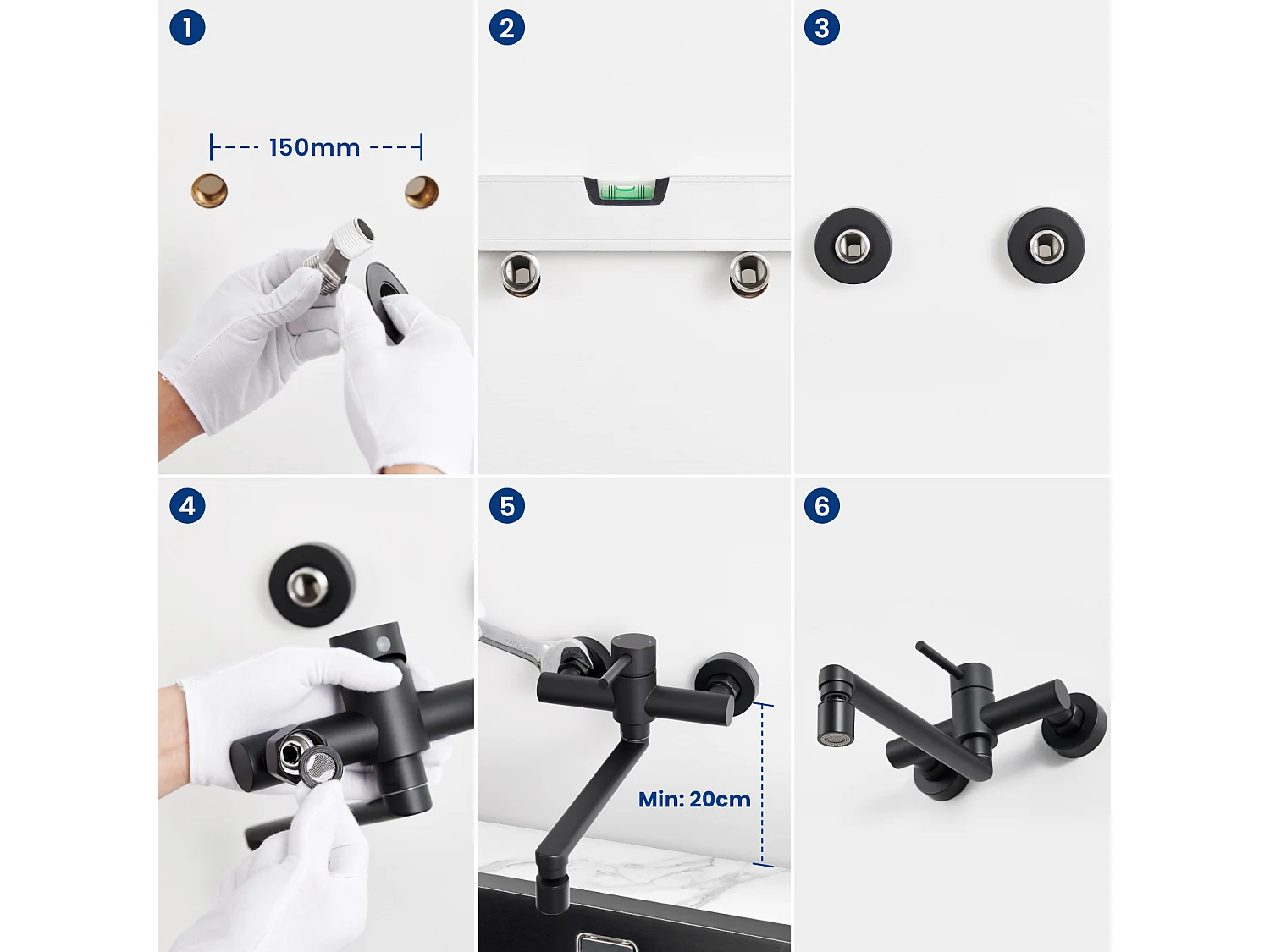 Cecipa max Miscelatore cucina a parete, Rubinetto lavabo a parete 2 getti, Miscelatore cucina girevole 360° Nero Rubinetti lavabo, modello EU