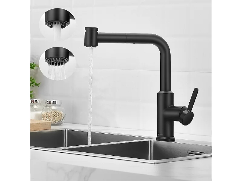 Cecipa max Küchenmischbatterie mit ausziehbarer Brause, schwarzer Spültischhahn, Wasserhahn für heißes und kaltes Wasser, 2 Wasserauslassmodi, EU-Modell