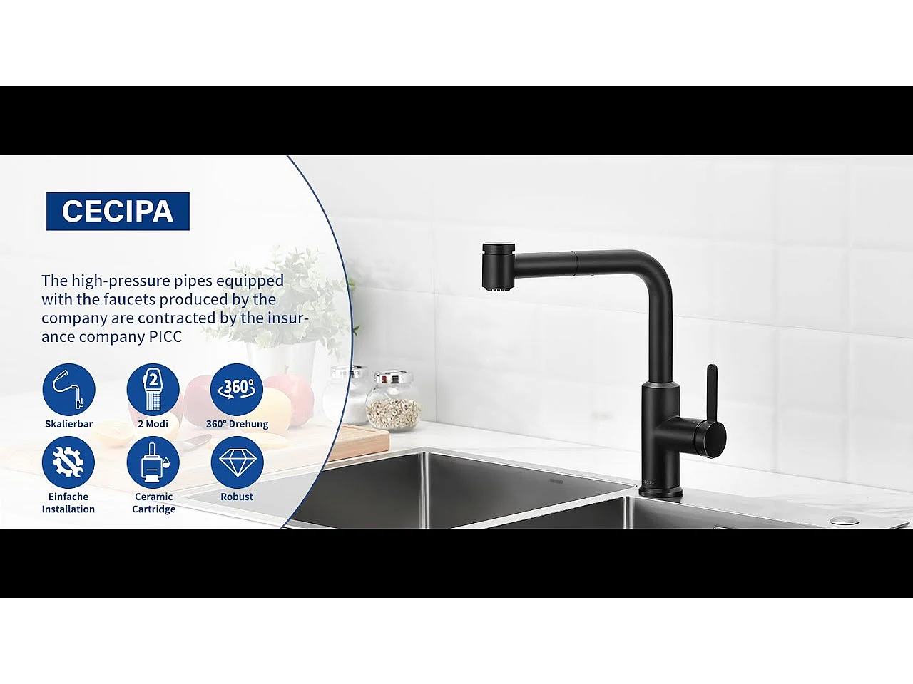 Cecipa max Mitigeur de Cuisine avec Douchette Extractible, Robinet d'évier Noir, Robinet d'eau Chaude et Froide, 2 Modes de Sortie D'eau,EU Modèle