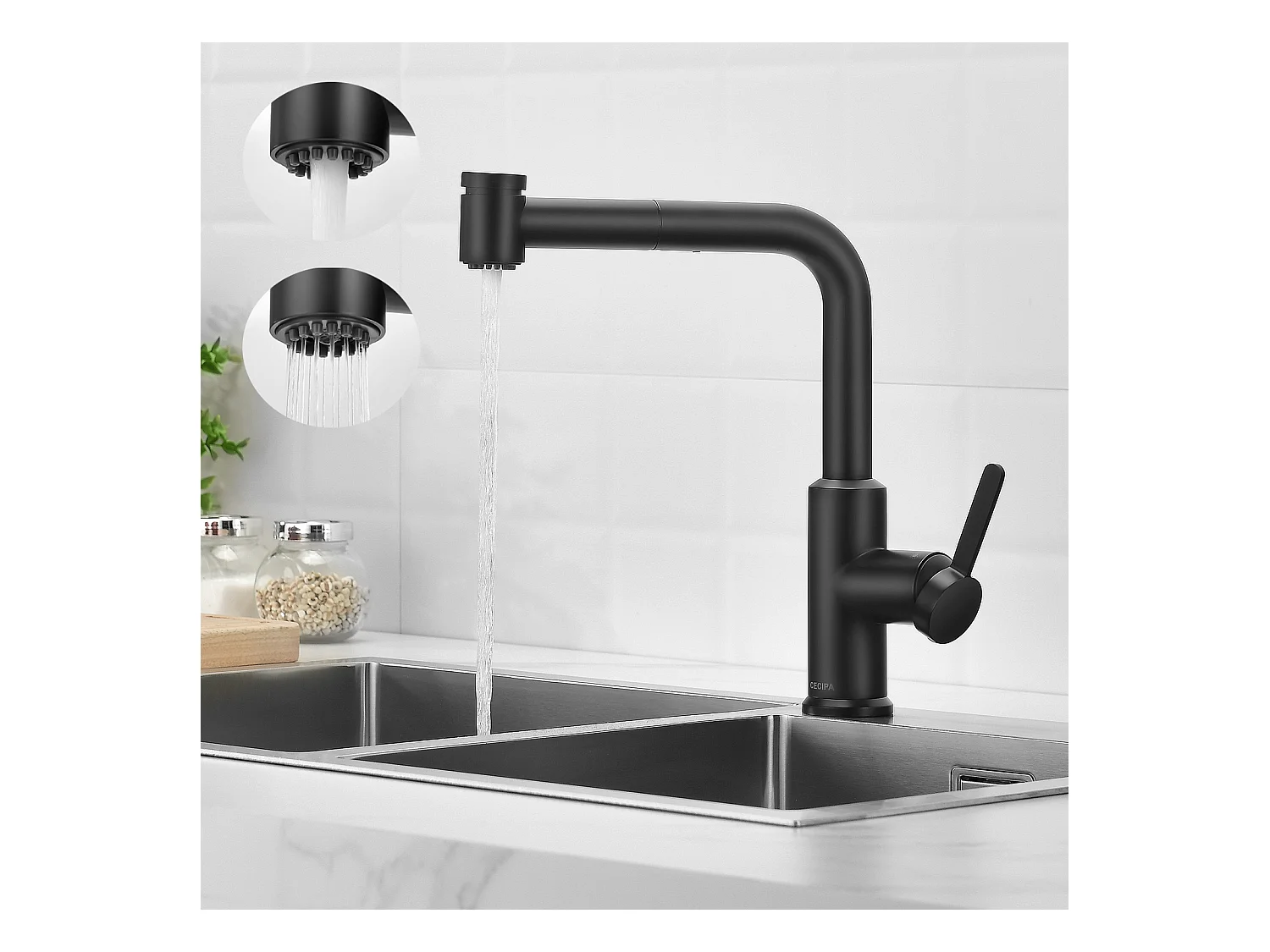 Cecipa max keukenmengkraan met uittrekbare spray, zwarte wastafelkraan, warm- en koudwaterkraan, 2 wateruitlaatmodi, EU-model