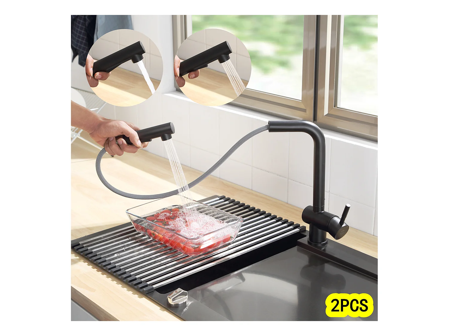Cecipa max 2PCS Mitigeur D'évier de Cuisine Noir avec Douchette Extractible - 2 modes de pulvérisat - Robinets de Cuisine en inox,EU Modèle
